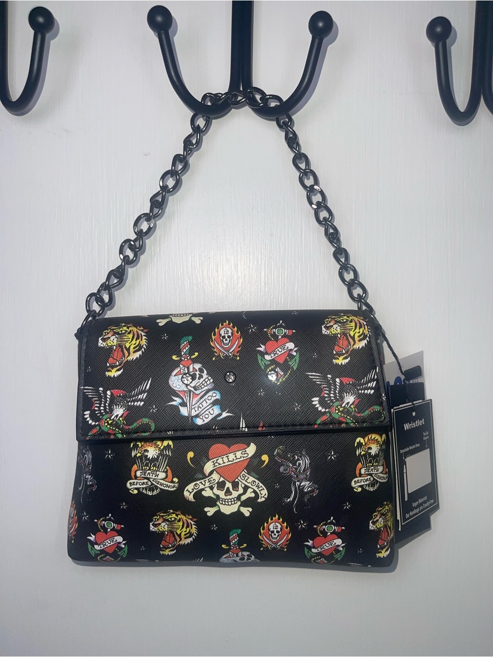 NWT Ed Hardy Black Tattoo Print Chain Shoulder Bag